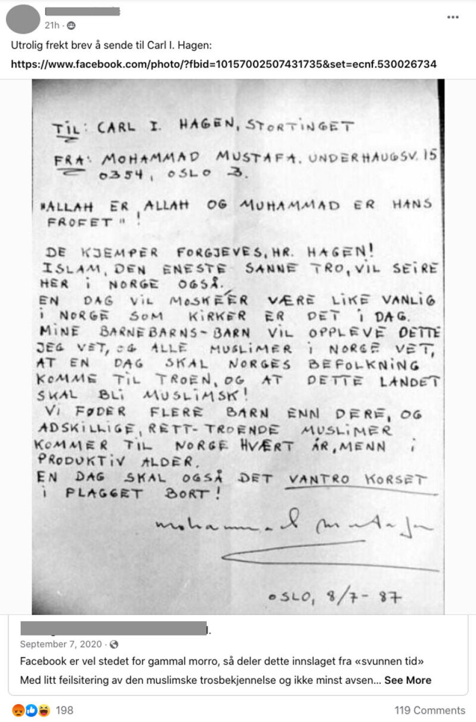 Det såkalte Mustafa-brevet har blant annet blitt delt i Facebook-gruppen Sylvi Listhaug fan-klubb. Der har det utløst hatske angrep på muslimske innvandrere.