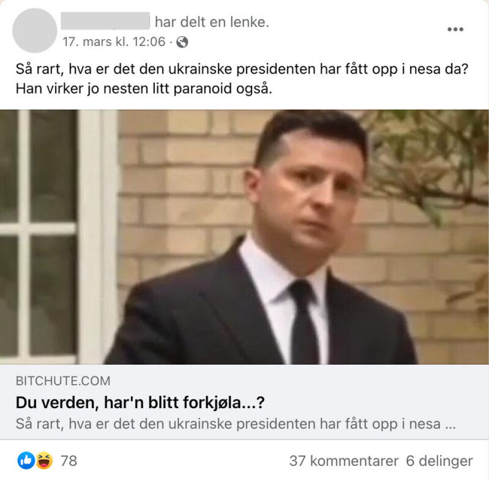 En kort videosnutt av en snufsende Volodymyr Zelenskyj, blir brukt til å antyde at den ukrainske presidenten er ruset. Skjermbilde: Facebook.