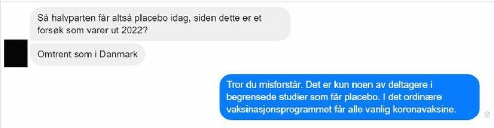 Resten av samtalen med Legemiddelverket har ikke blitt delt. Her skriver Legemiddelverket at alle i det ordinære vaksinasjonsprogrammet får vanlig vaksine, og ikke placebo. Foto: Skjermbilde fra Legemiddelverket.