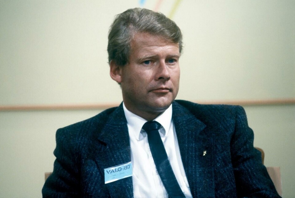 Frp og partiformann Carl I. Hagen hadde størst relativ framgang av alle partier ved kommune- og fylkestingsvalgetvalget i 1987. Foto: Eystein Hanssen / NTB.