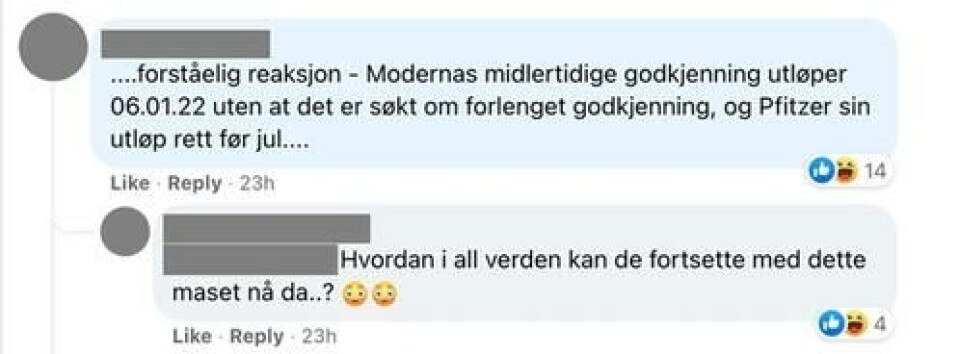 I kommentarfeltene diskuteres det om Pfizer og Moderna er i ferd med å miste godkjenningen sin. Det stemmer ikke. Skjermbilde: Facebook.