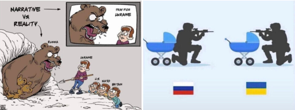 Dette er eksempler på anti-ukrainsk propaganda som spres i Russland, ifølge ProPublica. Faktisk.no har sett de samme tegningene bli spredt blant nordmenn. Skjermbilder: Facebook.