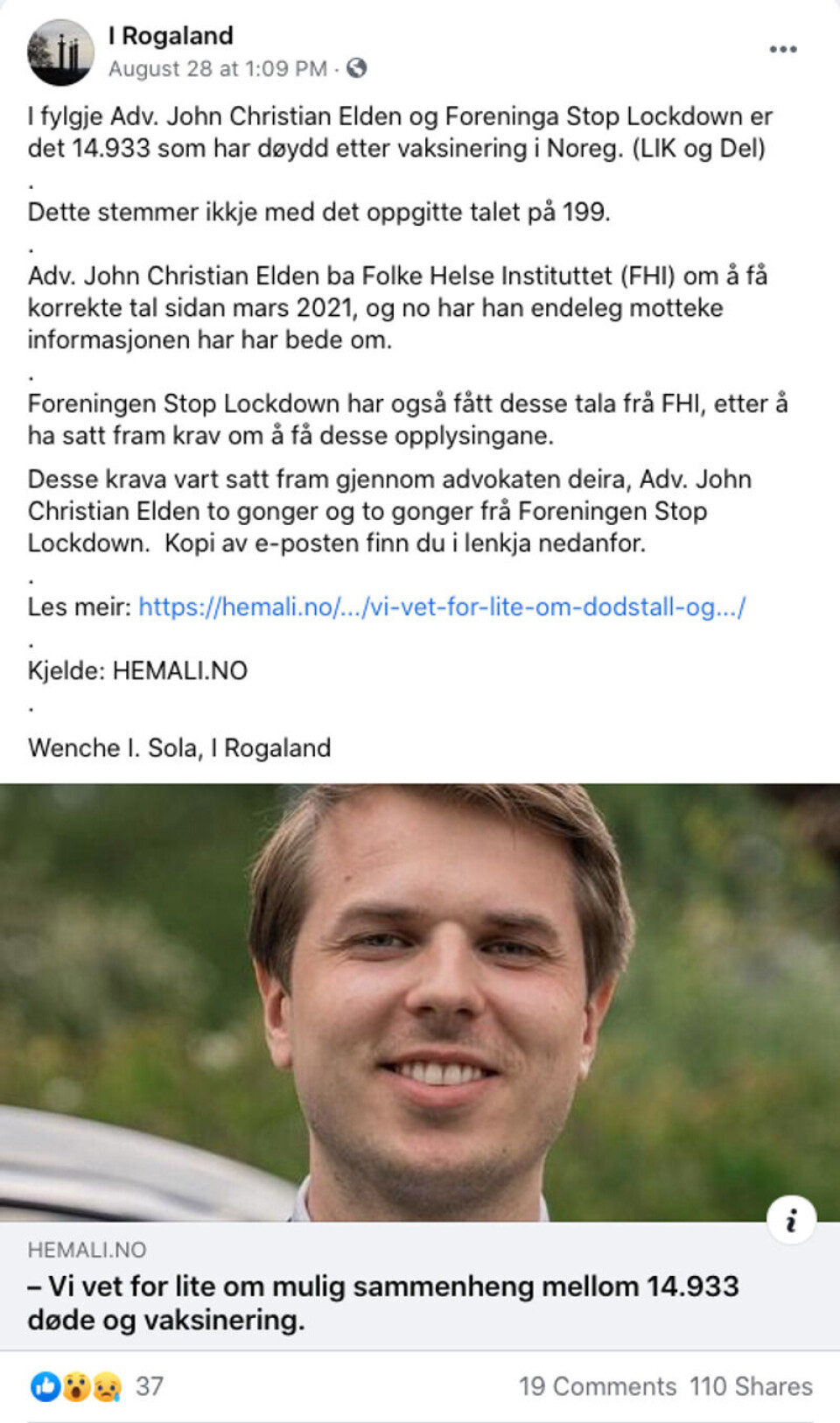 Hemali fjernet artikkelen fordi den ifølge redaktør Julia Schreiner Benito kunne bidra til forvirring og skremsel. Delingene på Facebook vises imidlertid fortsatt. Foto: Skjermbilde fra Facebook.