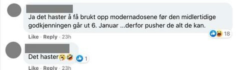I ett kommentarfelt hevdes det for eksempel at Modernas godkjenning går ut 6. januar og at dette er grunnen til at myndighetene og Folkehelseinstituttet pusher på for å få flest mulig til å ta vaksine. Men Moderna fikk altså fornyet godkjenningen i god tid før fristen. Skjermbilde: Facebook.