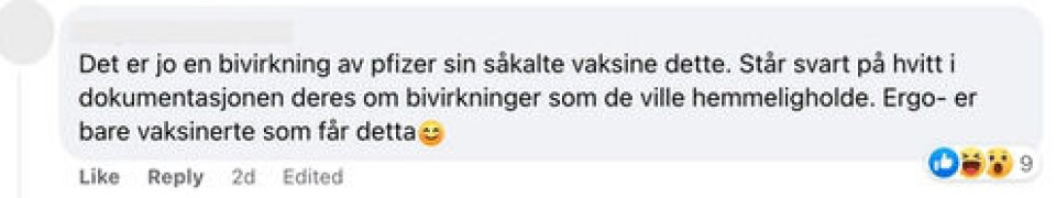 Enkelte hevder at apekopper er en bivirkning av koronavaksinen. Verken Pfizers vaksine eller andre koronavaksiner inneholder imidlertid apekopp-virus. Skjermbilde: Facebook.
