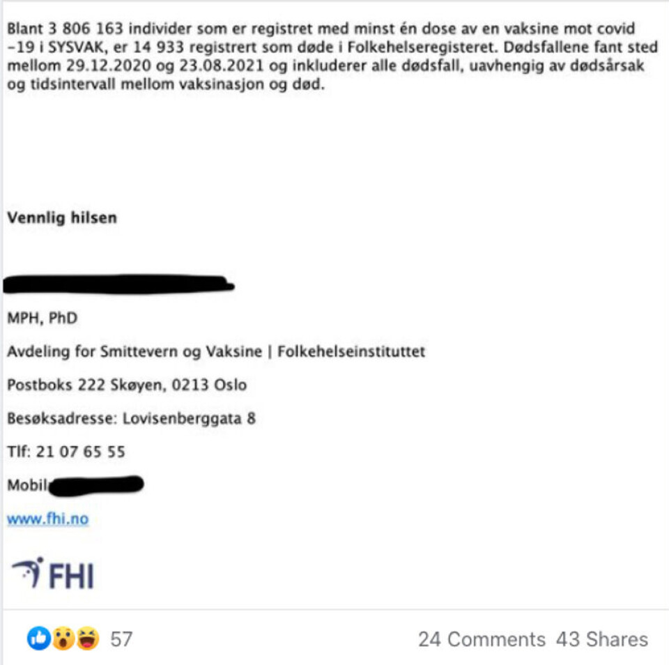 Denne e-posten fra Folkehelseinstituttet har blitt delt på Facebook. Det er her påstanden om 14 933 døde stammer fra. Foto: Skjermbilde fra Facebook.
