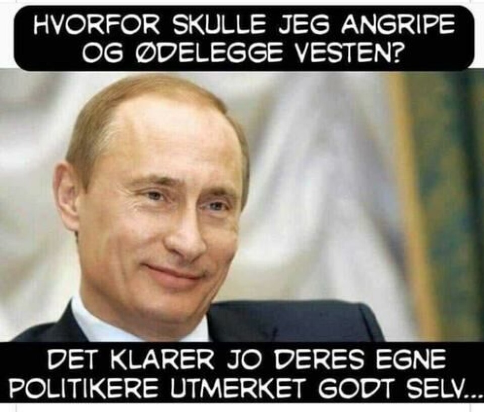 Anti-vestlige holdninger er en sentral del av den russiske propagandaen. Dette memet er fra et norsk kommentarfelt. Skjermbilde: Facebook.