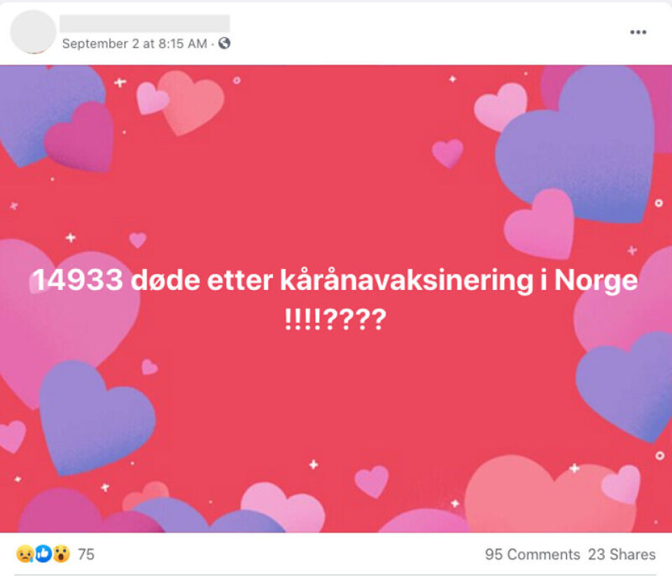 Påstanden om at 14 933 personer har dødd etter å ha fått koronavaksine, har skapt flere misforståelser. Noen tror at myndighetene bevisst har offentliggjort for lave tall, mens andre tror at vaksinen er skyld i de 14 933 dødsfallene. Foto: Skjermbilde fra Facebook.