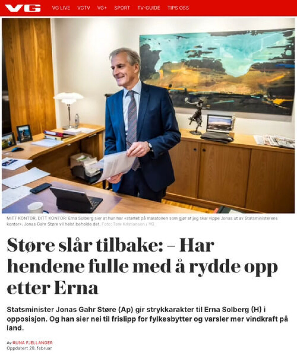 Saken i VG kommer etter kritikk fra tidligere statsminister Erna Solberg (H). Faksimile: VG.