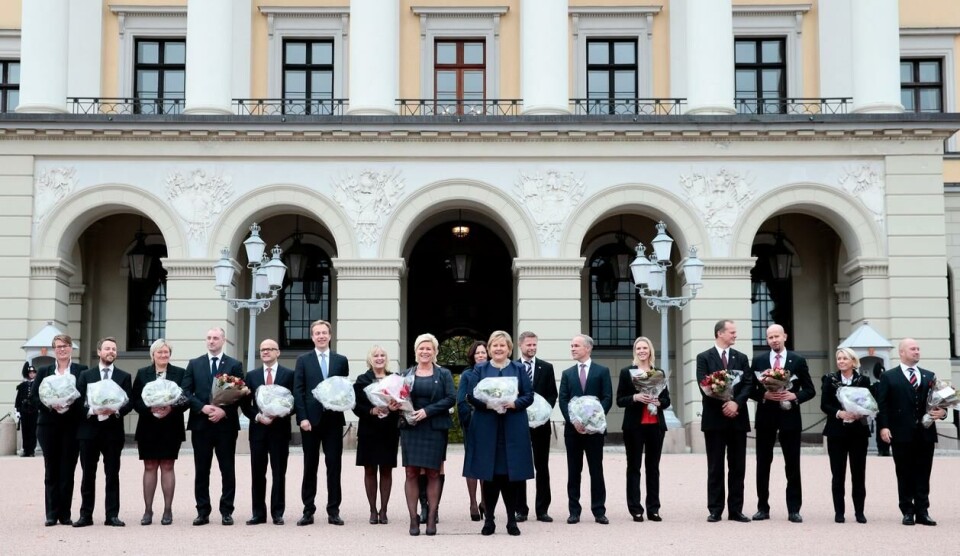 Her presenterer Erna Solberg (H) sin nye regjering i 2013. Foto: Håkon Mosvold Larsen / NTB.