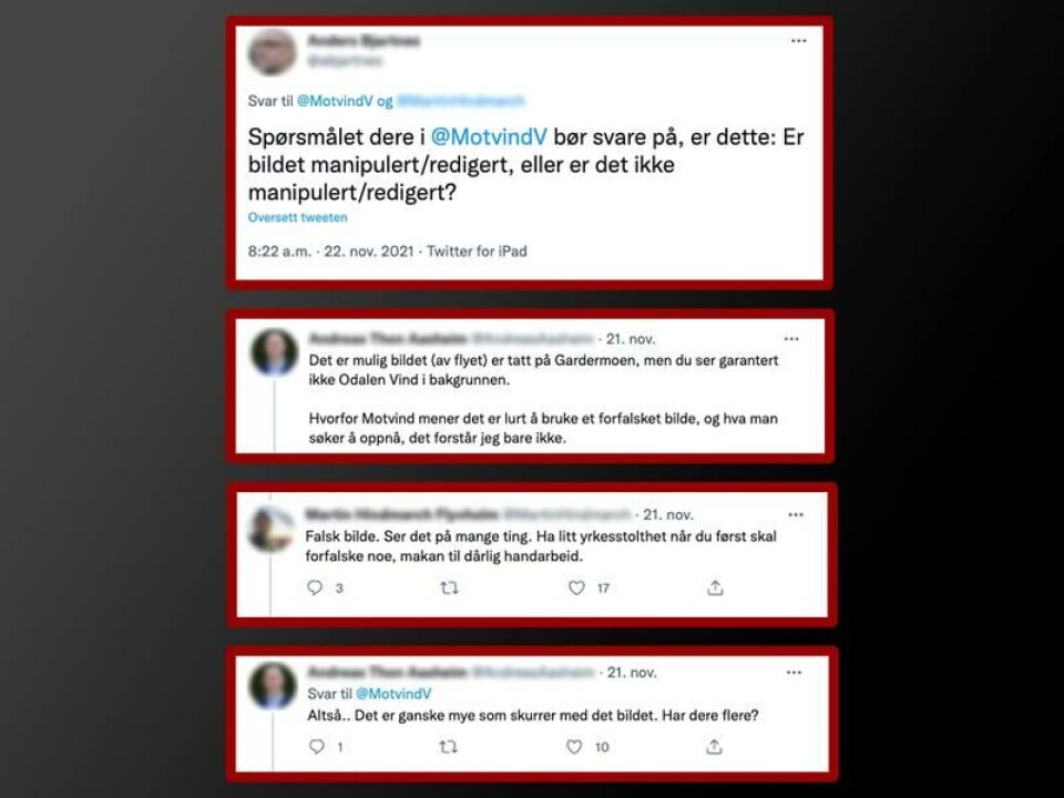 Dette er noen av reaksjonene på Twitter. Flere mener bildet er falskt. Foto: Skjermdumper, Twitter.