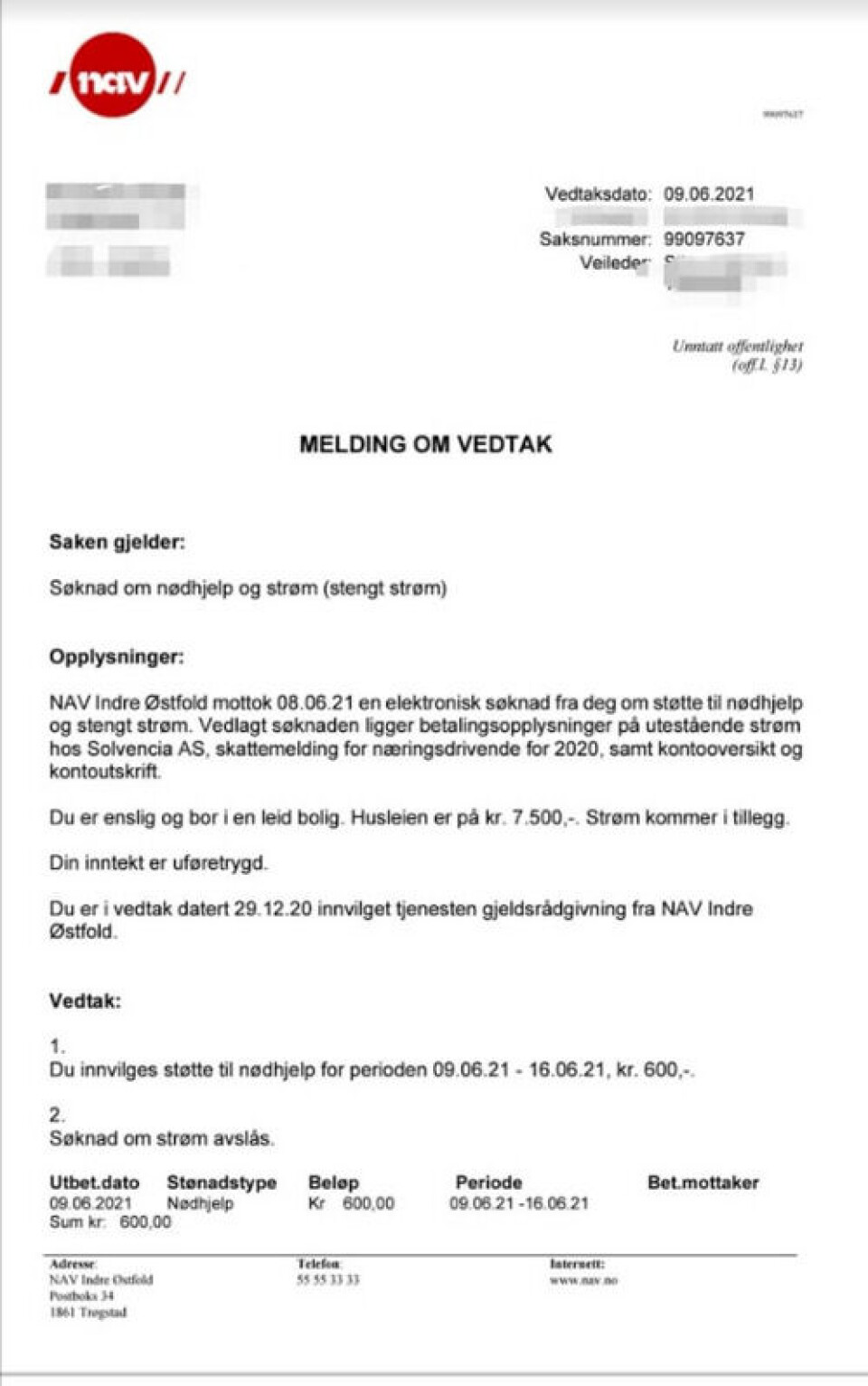 Første side av vedtaksbrevet. Faksimile: Twitter Første side av vedtaksbrevet.