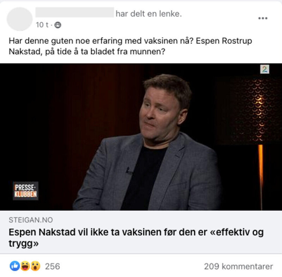 Facebook-gruppen Erfaringer med Covid 19 vaksinering - Norge er et av stedene hvor Nakstads vaksinestatus har blitt diskutert den siste tiden. Innlegget er nå fjernet fra gruppen. Skjermbilde: Facebook.