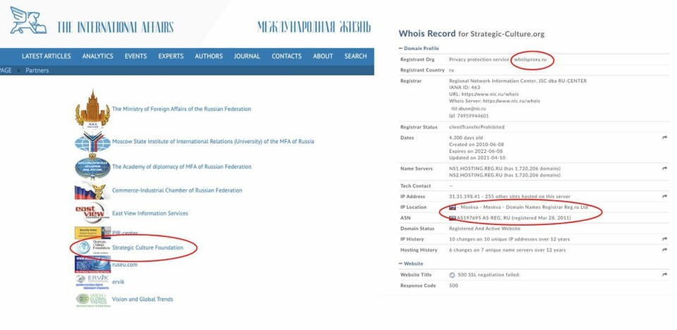 The International Affairs, som er underlagt det russiske utenriksdepartementet, oppgir Strategic Culture Foundation som en av sine partnere (t.v.). Til høyre skjermdump fra whois.domaintools.com, som viser at nettsiden drives fra Russland. Skjermdumper: interaffairs.ru /whois.domaintools.com.