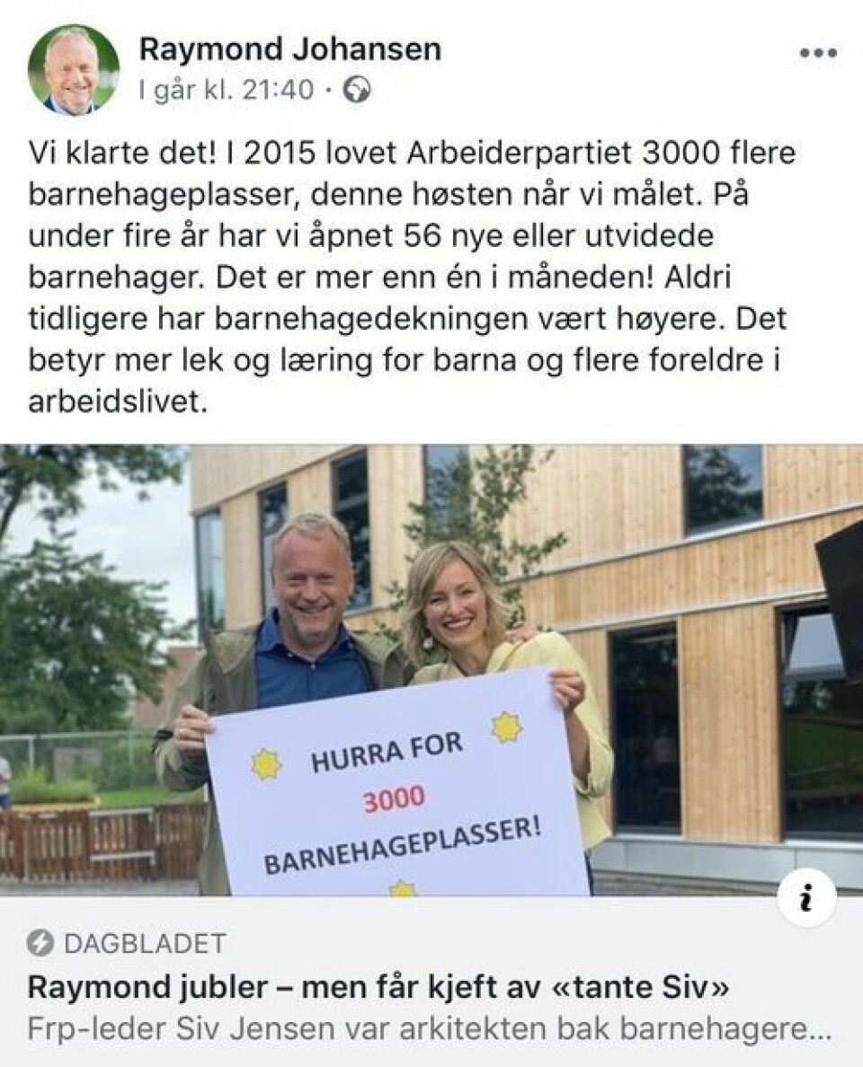 Nei, det er ikke bygget 3000 ekstra barnehageplasser i Oslo siden 2015