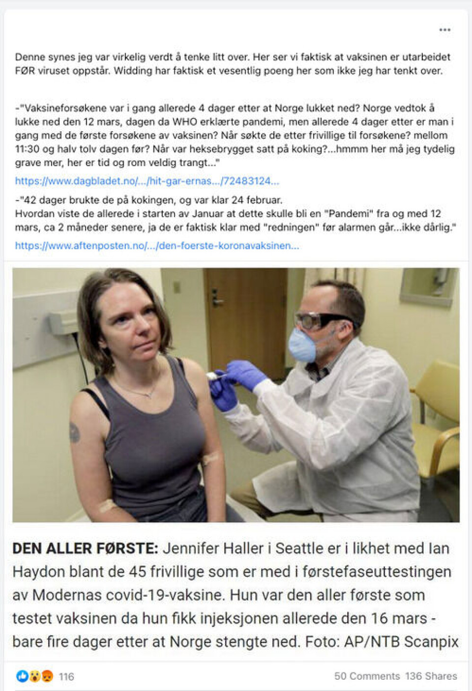 Slik har Facebook-brukere delt et bilde av den første vaksinedosen som ble satt av en av vaksinene. (skjermdump fra Facebook) Slik har Facebook-brukere delt et bilde av den første vaksinedosen som ble satt av en av vaksinene.