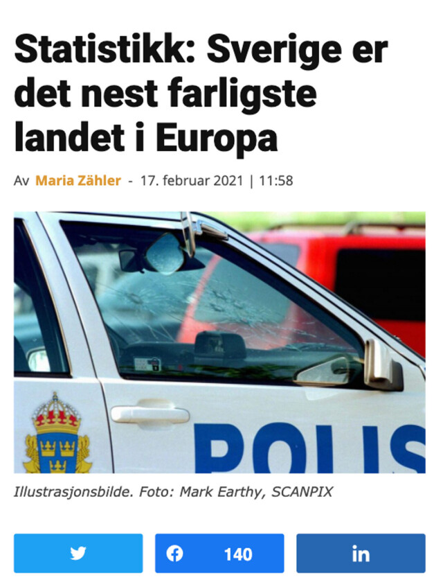 Statistikk tilsier ikke at Sverige er det nest farligste landet i Europa hovedbilde