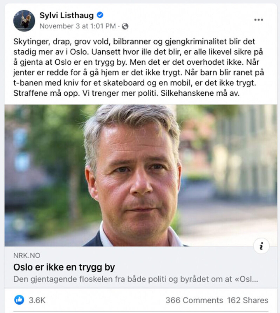 Sylvi Listhaug er enig i at Oslo ikke er en trygg by. Foto: Skjermdump, Facebook. Sylvie Listhaug
