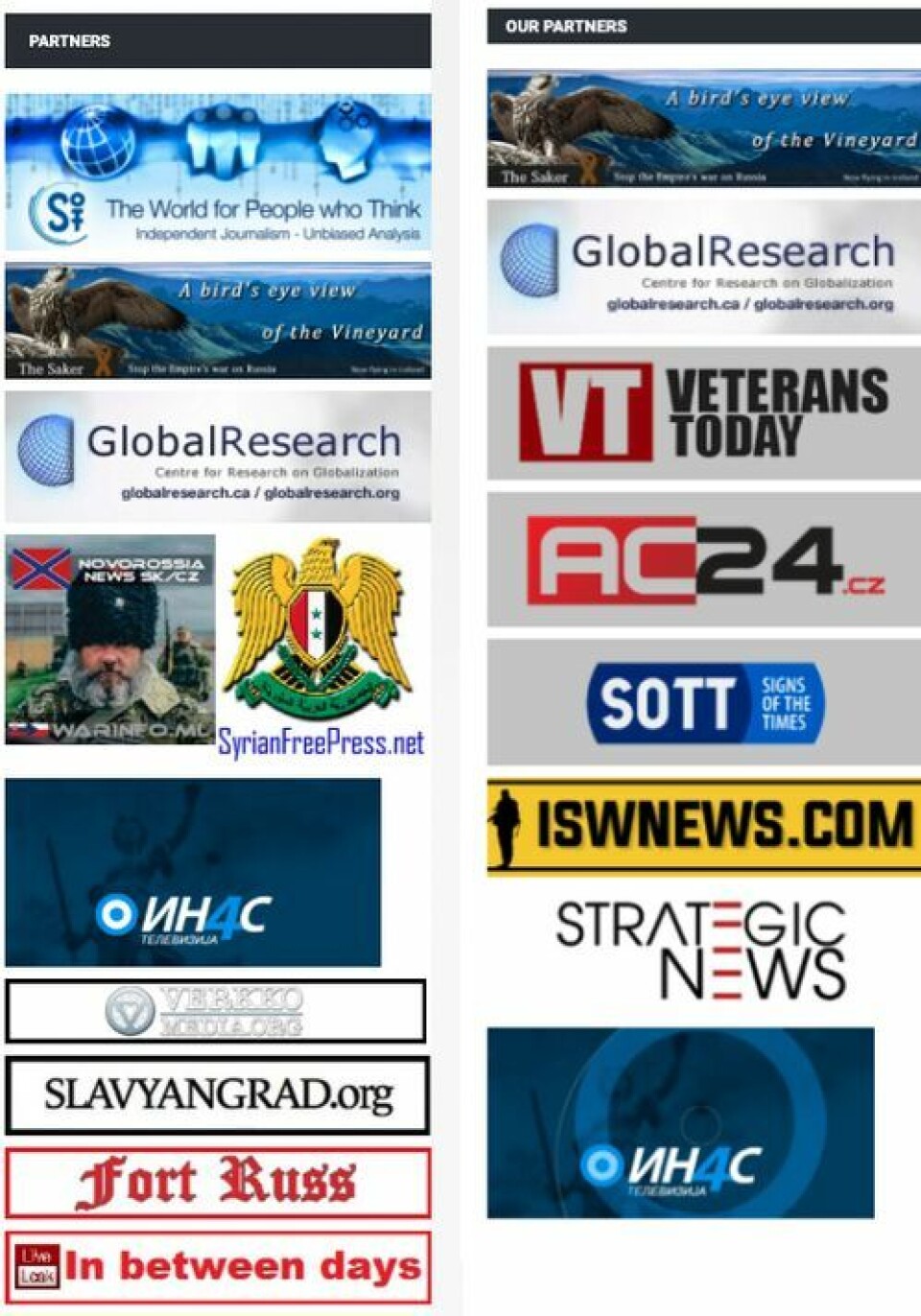 På Southfronts nettside i 2015 (t.v.) og 2018 (t.h.) ser man at aktører som Global Research og The Saker blir oppgitt som partnere. I dag oppgir ikke Southfront lenger partnere på nettsiden sin. Faktisk.no har brukt internettarkivet Wayback machine.