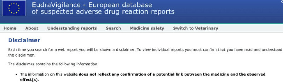 Bildet viser første punkt i advarselen man må bekrefte å ha forstått før man går inn i rapportsystemet i EU-databasen. Skjermdump fra EudraVigilance Bildet viser første punkt i advarselen man må bekrefte å ha forstått før man går inn i rapportsystemet i EU-databasen.