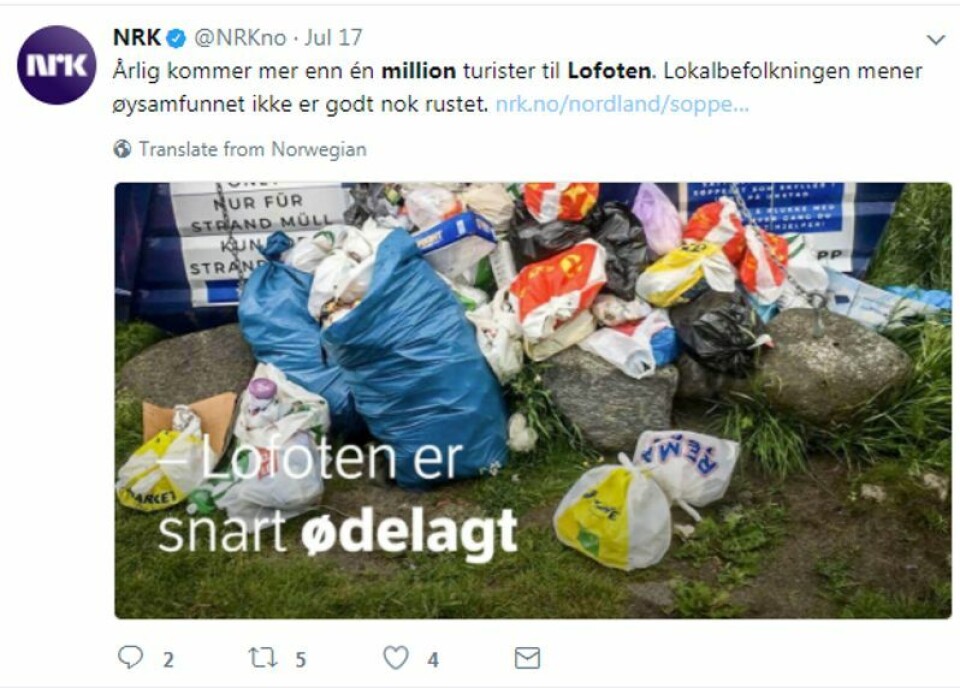 NRK er blant mediene som har dekket Lofoten-turismen tettest det siste drøye året. Faksimile: NRK.no NRK er blant mediene som har dekket Lofoten-turismen tettest det siste drøye året.