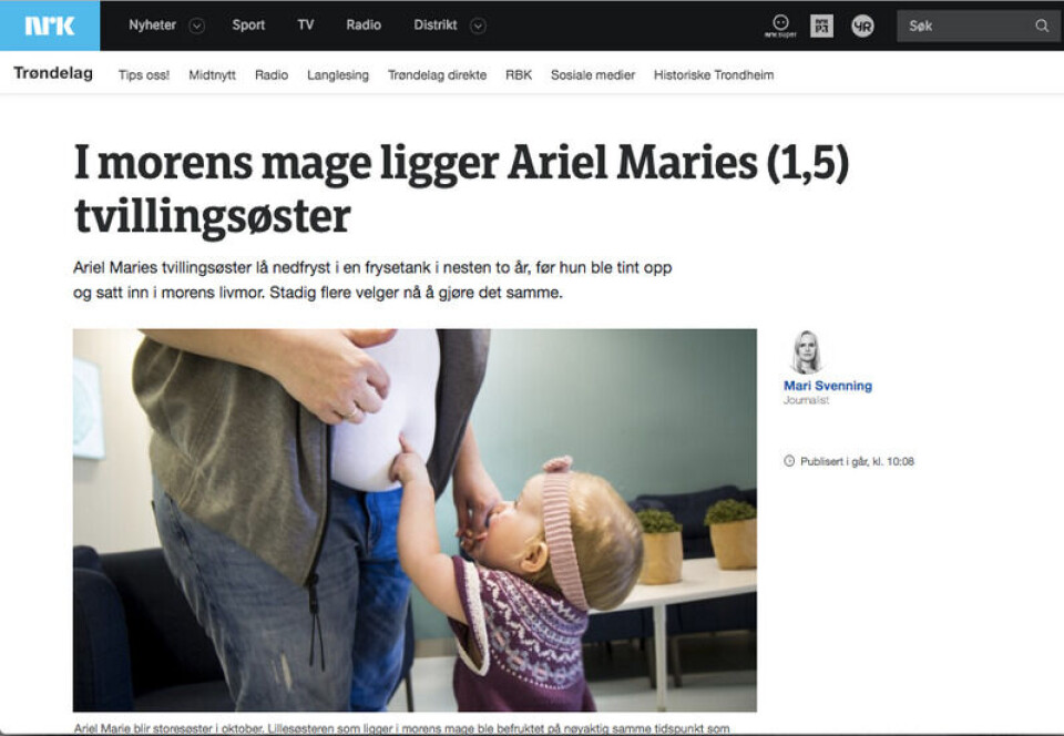 Det kan fremstå som sensasjonelt at mor er svanger med tvillingsøsteren halvannet år etter at det første barnet ble født. Men blir de da tvillinger? Faksimile: NRK.no 13. juli 2017 Det kan fremstå som sensasjonelt at mor er svanger med tvillingsøsteren halvannet år etter at det første barnet ble født. Men blir de da tvillinger?