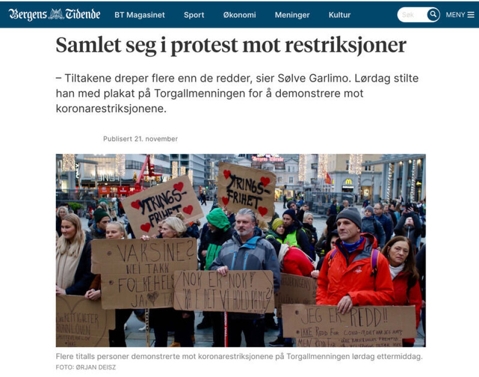 Markeringen mot koronatiltakene i Bergen 21. november. Faksimile fra Bergens Tidende Markeringen mot koronatiltakene i Bergen 21. november.