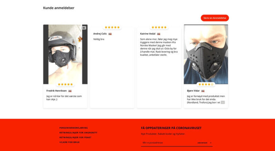 Brukeranmeldelsene som nettstedet oppgir, lar seg ikke ettergå. Skjermbilde: Norskemasker.com Brukeranmeldelsene som nettstedet oppgir, lar seg ikke ettergå.
