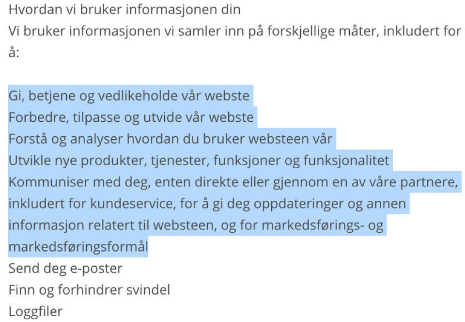 Ved å søke på dette avsnittet i personvernerklæringen, der det var flere påfallende skrivefeil, fant vi en identisk personvernerklæring på en russisk/serbisk mobilblogg. Skjermbilde: Norskemasker.com Ved å søke på dette avsnittet i personvernerklæringen, der det var flere påfallende skrivefeil, fant vi en identisk personvernerklæring på en russisk/serbisk mobilblogg.