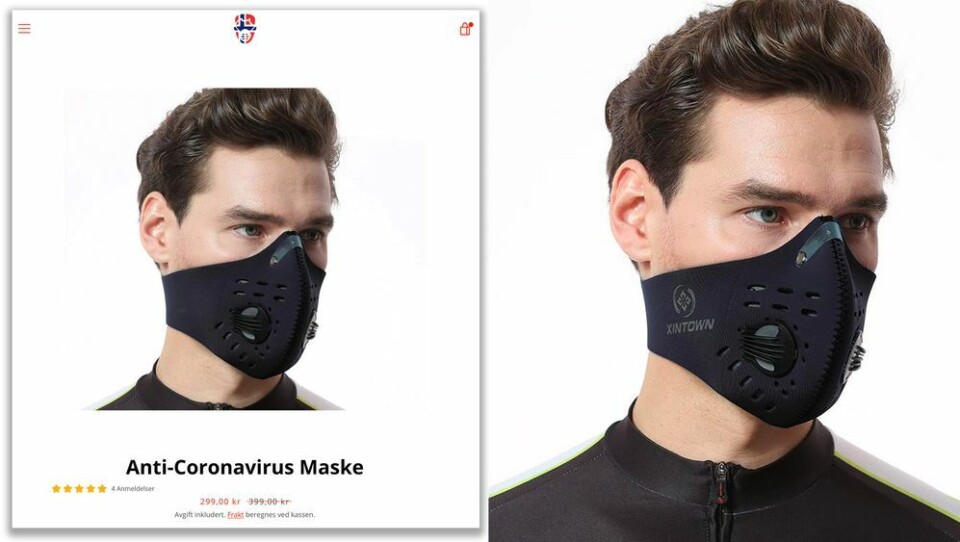 Gjennom bildesøk finner vi igjen bildet av mannen med masken, men da med merkenavnet «Xintown». Bildekollasj: Norskemasker.com/Google Gjennom bildesøk finner vi igjen bildet av mannen med masken, men da med merkenavnet «Xintown».