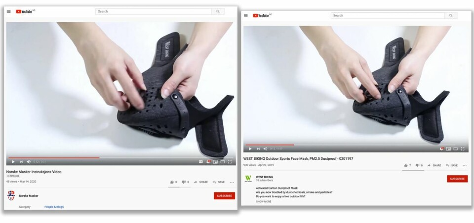 Instruksjonsvideoen avslører merkenavnet på en annen maske og produsent. Og at videoen trolig er hentet der. Bildekollasj: Youtube Instruksjonsvideoen avslører merkenavnet på en annen maske og produsent. Og at videoen trolig er hentet der.