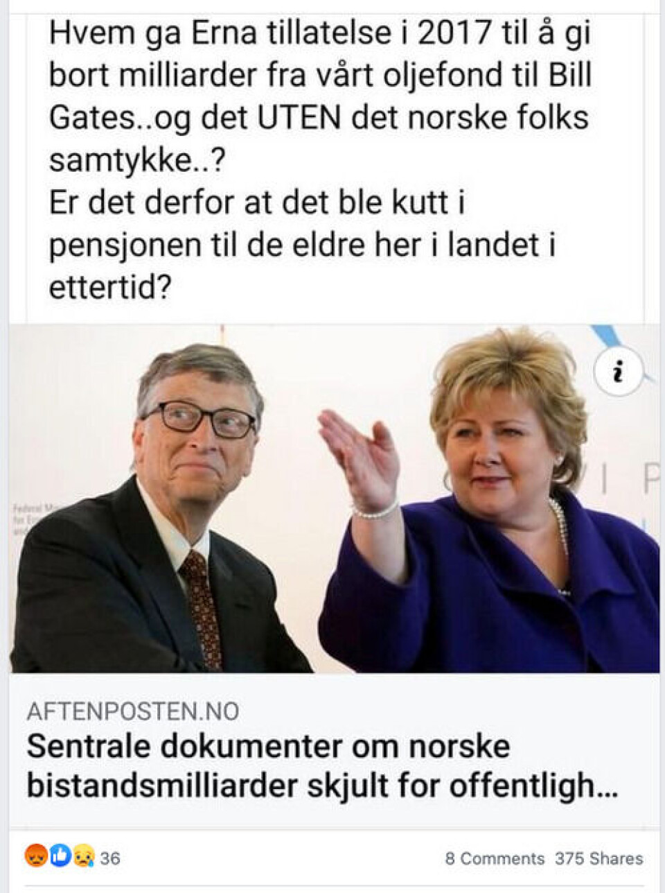 Slik har mange delt påstanden på Facebook. Skjermdump fra Facebook Slik har mange delt påstanden på Facebook.