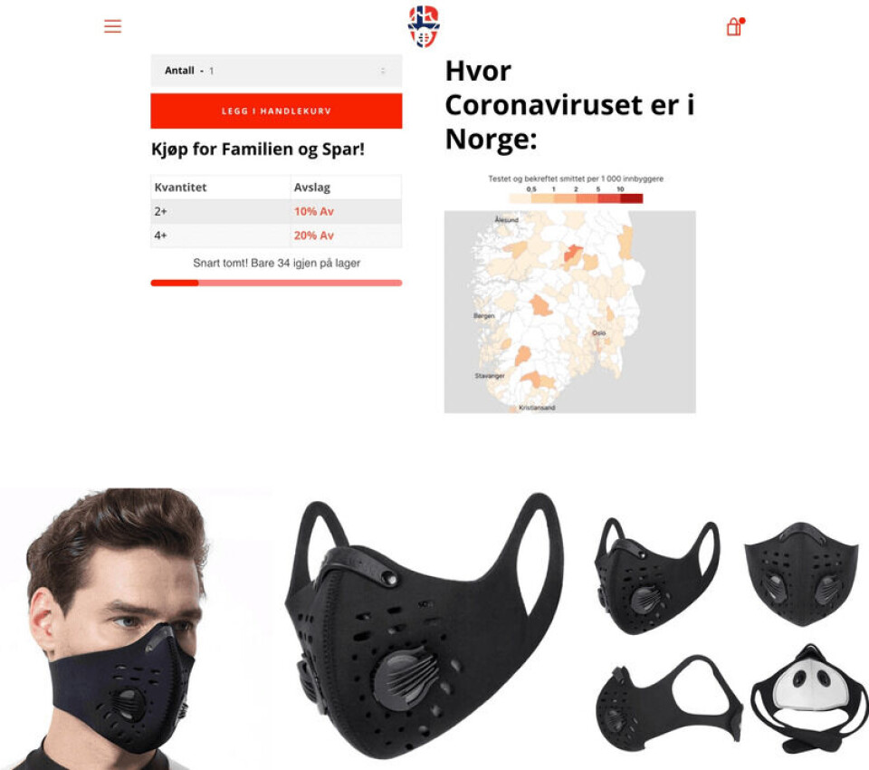 I markedsføringen bruker Norske Masker fakta og kartgrafikk om koronaviruset. Skjermbilde: Norskemasker.com I markedsføringen bruker Norske Masker fakta og kartgrafikk om koronaviruset.