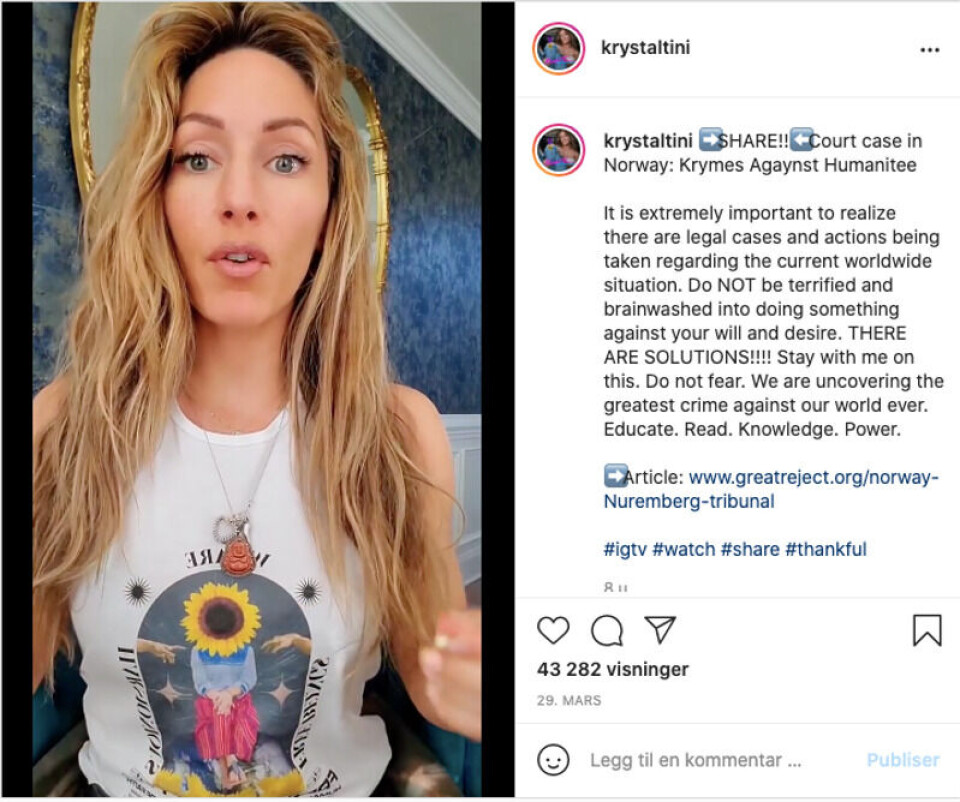 Den amerikanske influenseren Krystal Tini er blant dem som har spredt den feilaktige påstanden om at den norske regjeringen er tiltalt for forbrytelser mot menneskeheten. Skjermbilde fra Instagram. Den amerikanske influenseren Krystal Tini er blant dem som har spredt den feilaktige påstanden om at den norske regjeringen er tiltalt for forbrytelser mot menneskeheten.