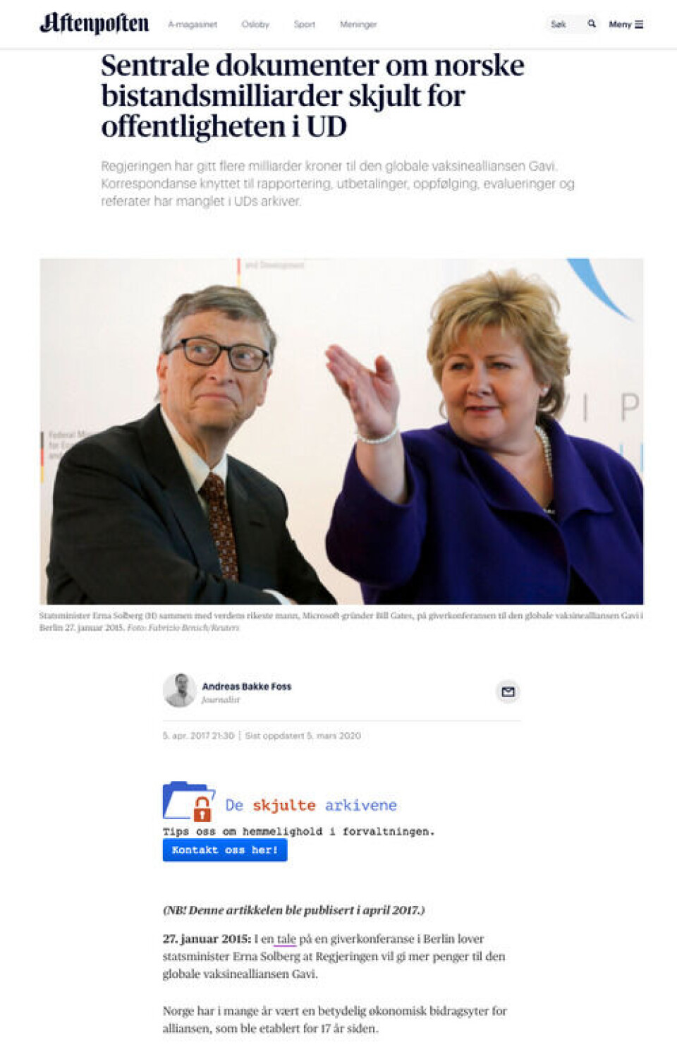 Denne artikkelen vises det til i innleggene på sosiale medier. Faksimile fra Aftenposten.no Denne artikkelen vises det til i innleggene på sosiale medier.