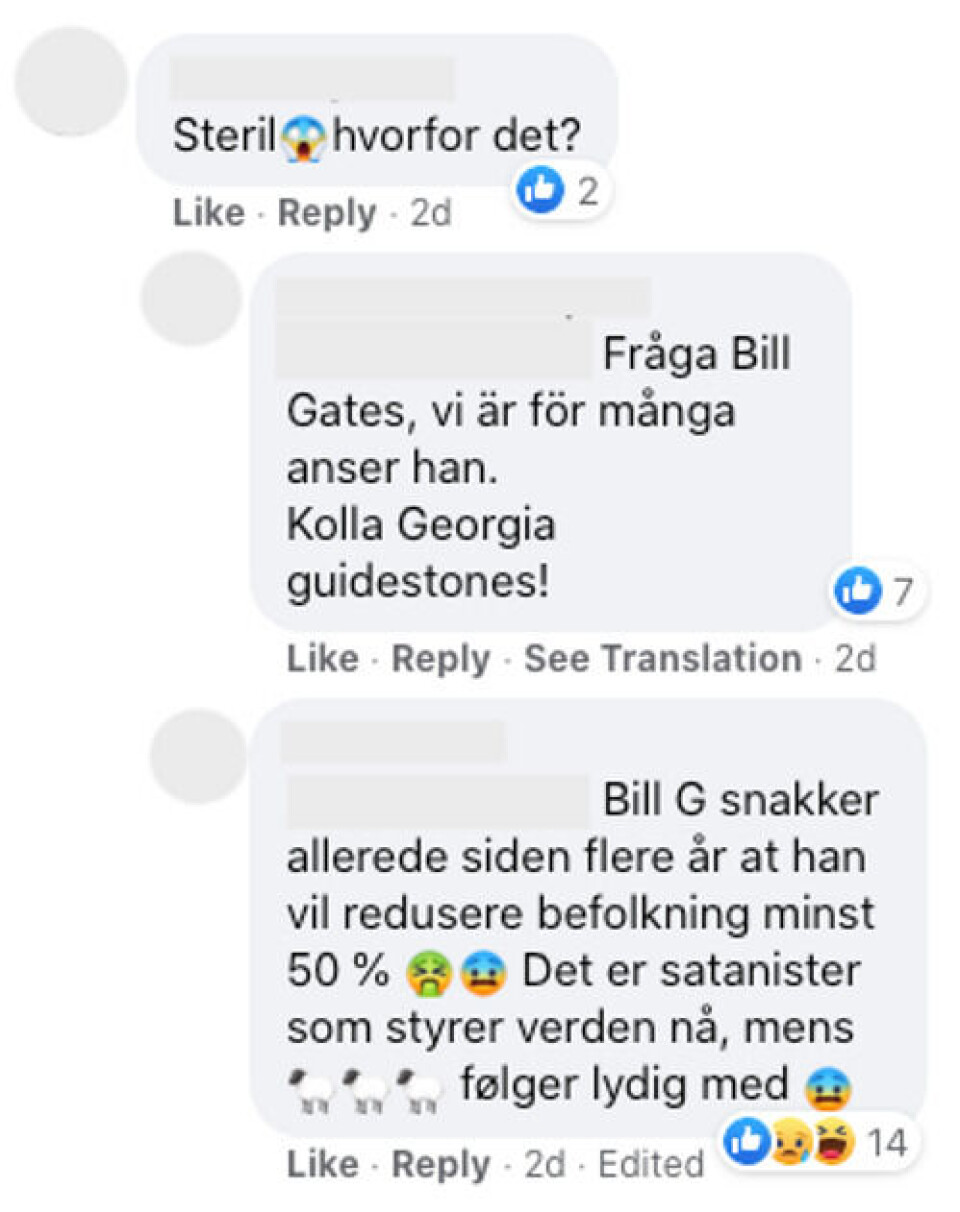 Påstanden om at kvinner kan bli sterile av koronavaksinen, utløste en velkjent konspirasjonsteori om Microsoft-gründeren Bill Gates. Skjermbilde fra Facebook. Påstanden om at kvinner kan bli sterile av koronavaksinen, utløste en velkjent konspirasjonsteori om Microsoft-gründeren Bill Gates.