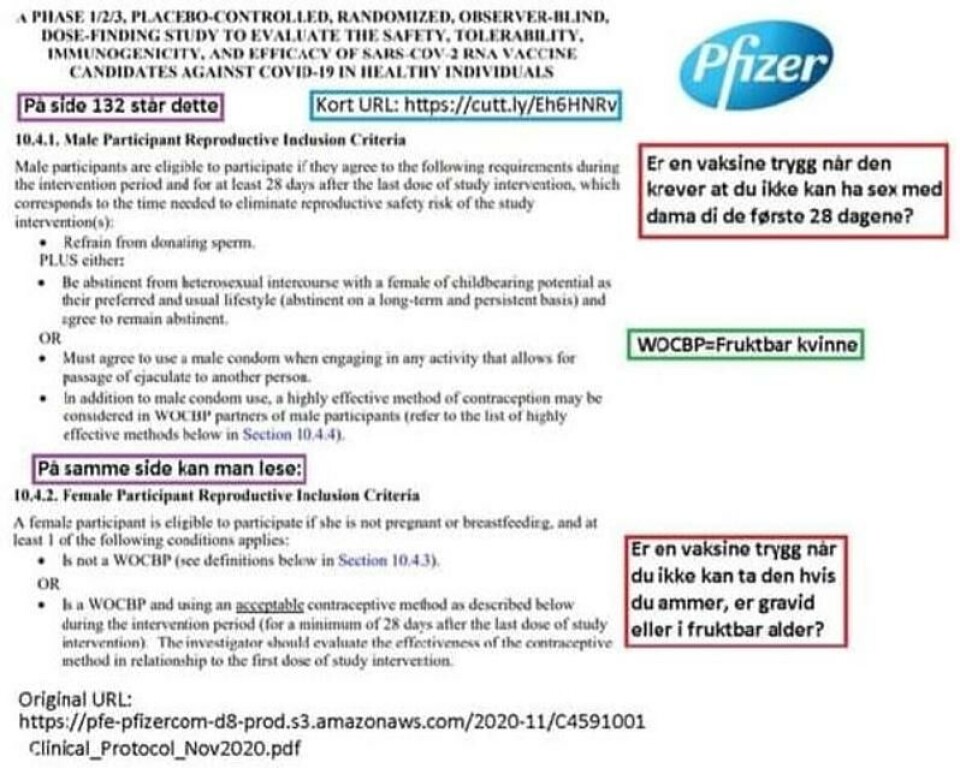 Den engelske teksten stammer fra en rapport legemiddelselskapet Pfizer har publisert om sin koronavaksine. Skjermbilde fra Facebook. Den engelske teksten stammer fra en rapport legemiddelselskapet Pfizer har publisert om sin koronavaksine.
