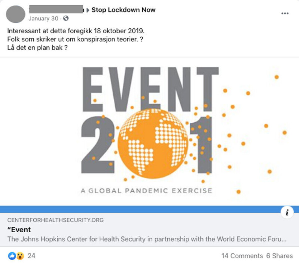Event 201 var en simulering av en pandemi som ble gjort i oktober 2019, men som enkelte mener beviser at korona-pandemien var planlagt. Skjermbilde fra Facebook. Event 201 var en simulering av en pandemi som ble gjort i oktober 2019, men som enkelte mener beviser at korona-pandemien var planlagt.