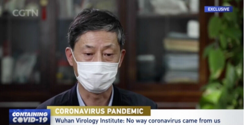 Yuan Zhiming, direktør for Wuhan Institute of Virology, avviser at koronaviruset kommer fra laboratoriet. Skjermbilde: CGTN Yuan Zhiming, direktør for Wuhan Institute of Virology, avviser at koronaviruset kommer fra laboratoriet.