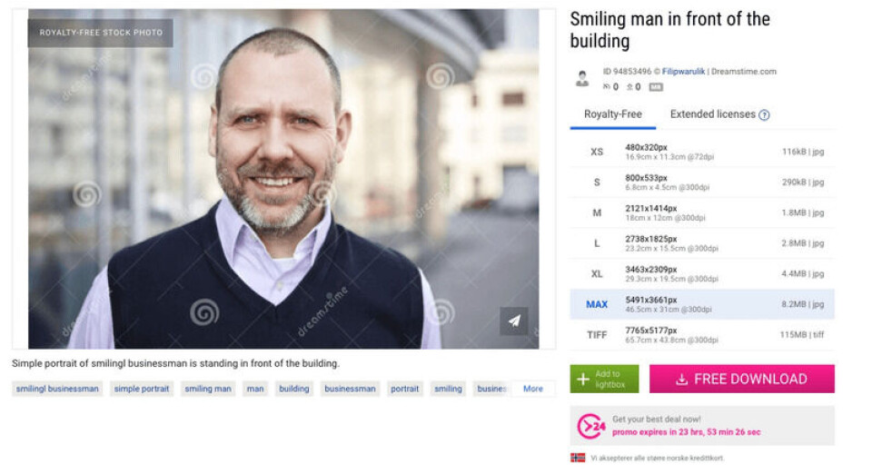 Bildet av journalisten Øystein Mæland er hentet fra en nettside som tilbyr gratis illustrasjonsbilder. Foto: Skjermbilde fra dreamstime.com.