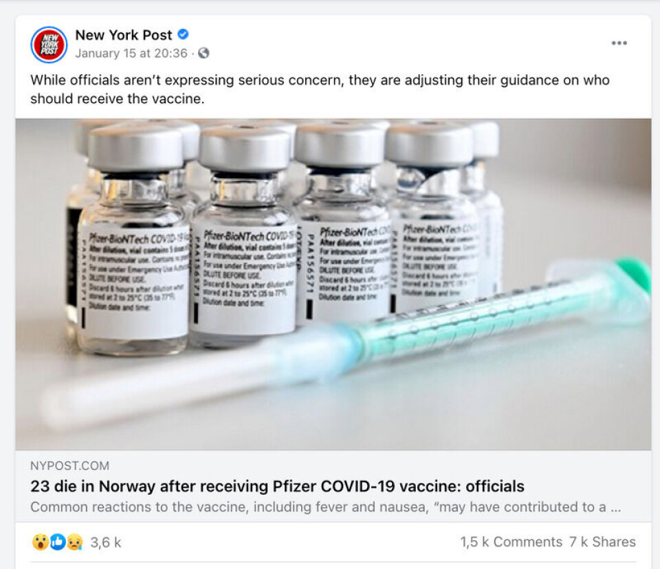 An article in the New York Post was one of the news stories creating the most engagement on Facebook around the deaths in Norway. Skjermbilde fra Facebook. Nyheten om dødsfallene i Norge ble blant annet spredt av New York Post.