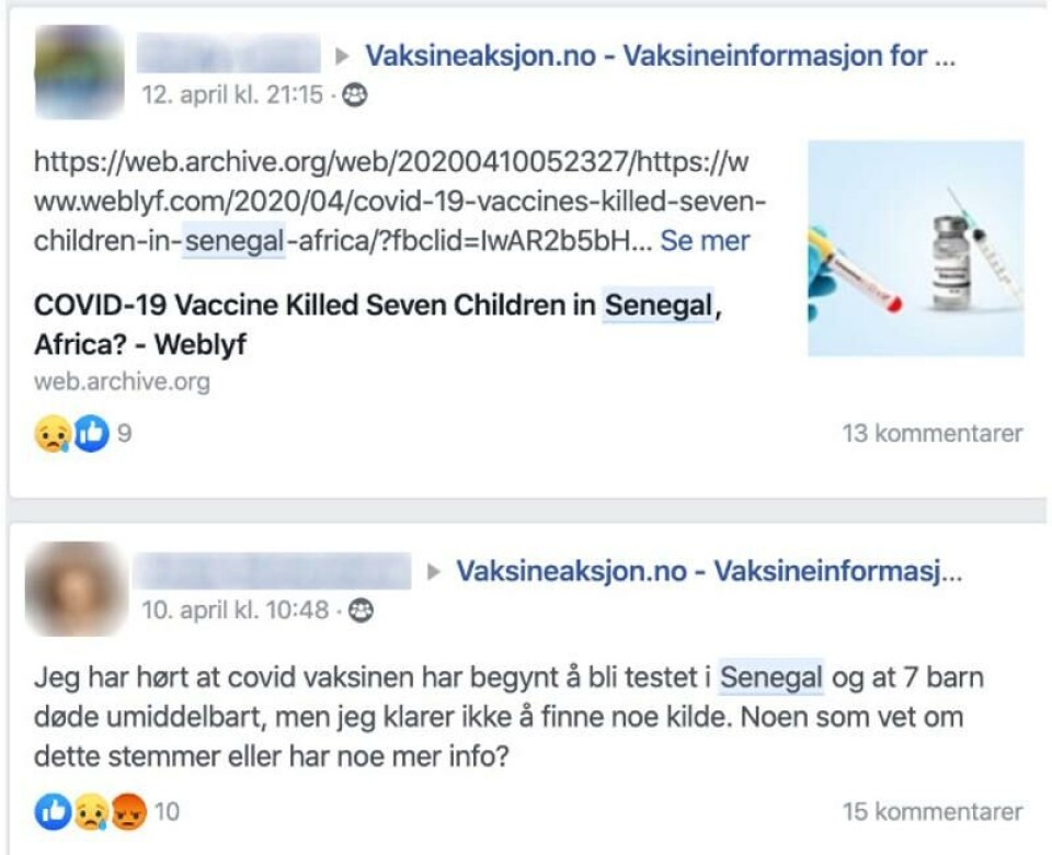 Ryktet fra Senegal har blitt mye diskutert i ulike facebook-grupper i Norge. Skjermbilde: Facebook Ryktet fra Senegal har blitt mye diskutert i ulike facebook-grupper i Norge.