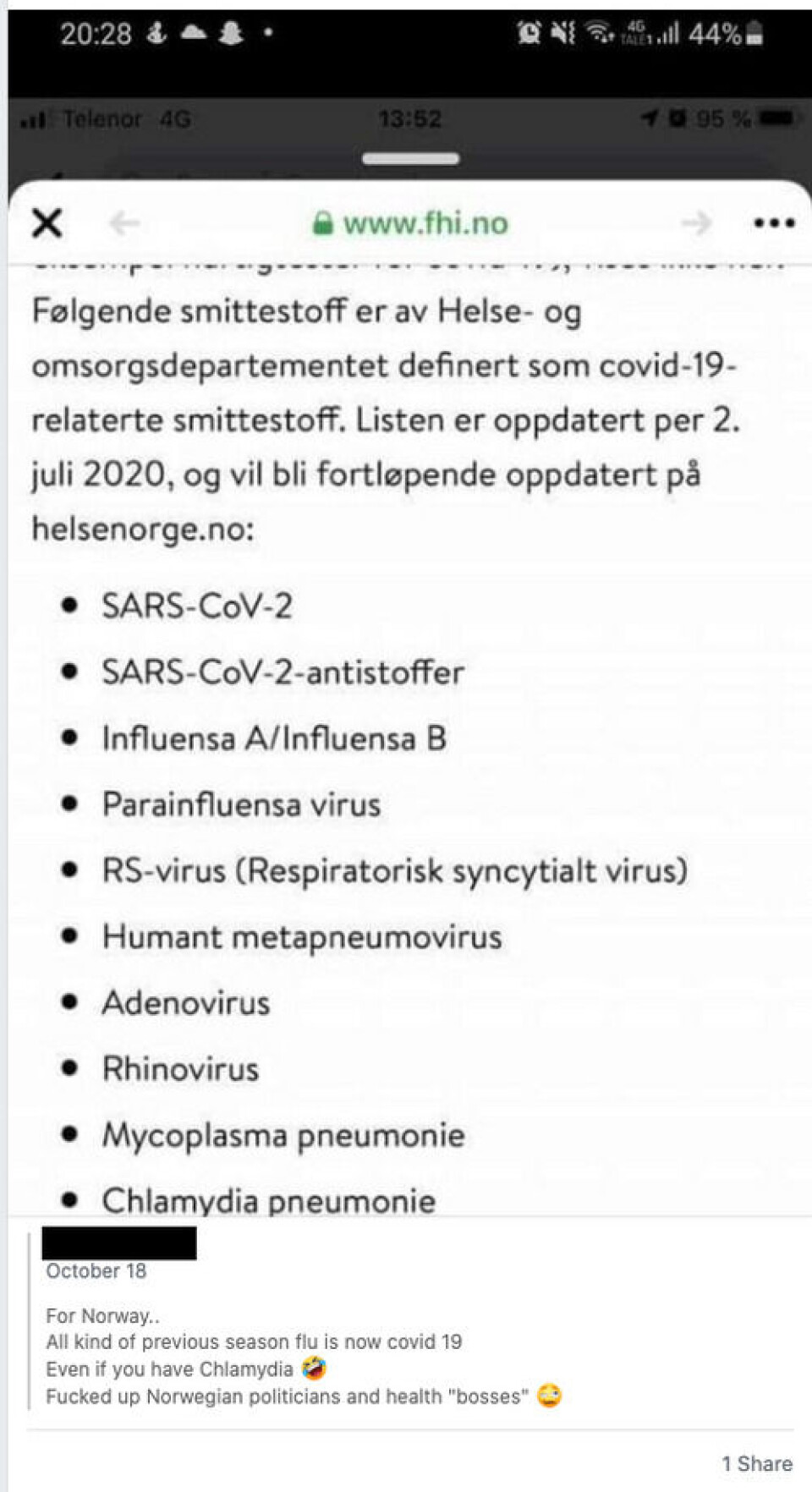 Brukere deler punktlisten fra FHI uten kontekst, men med påstander om at de andre sykdommene gir positiv koronatest. (skjermdump fra Facebook) Brukere deler punktlisten fra FHI uten kontekst, men med påstander om at de andre sykdommene gir positiv koronatest.
