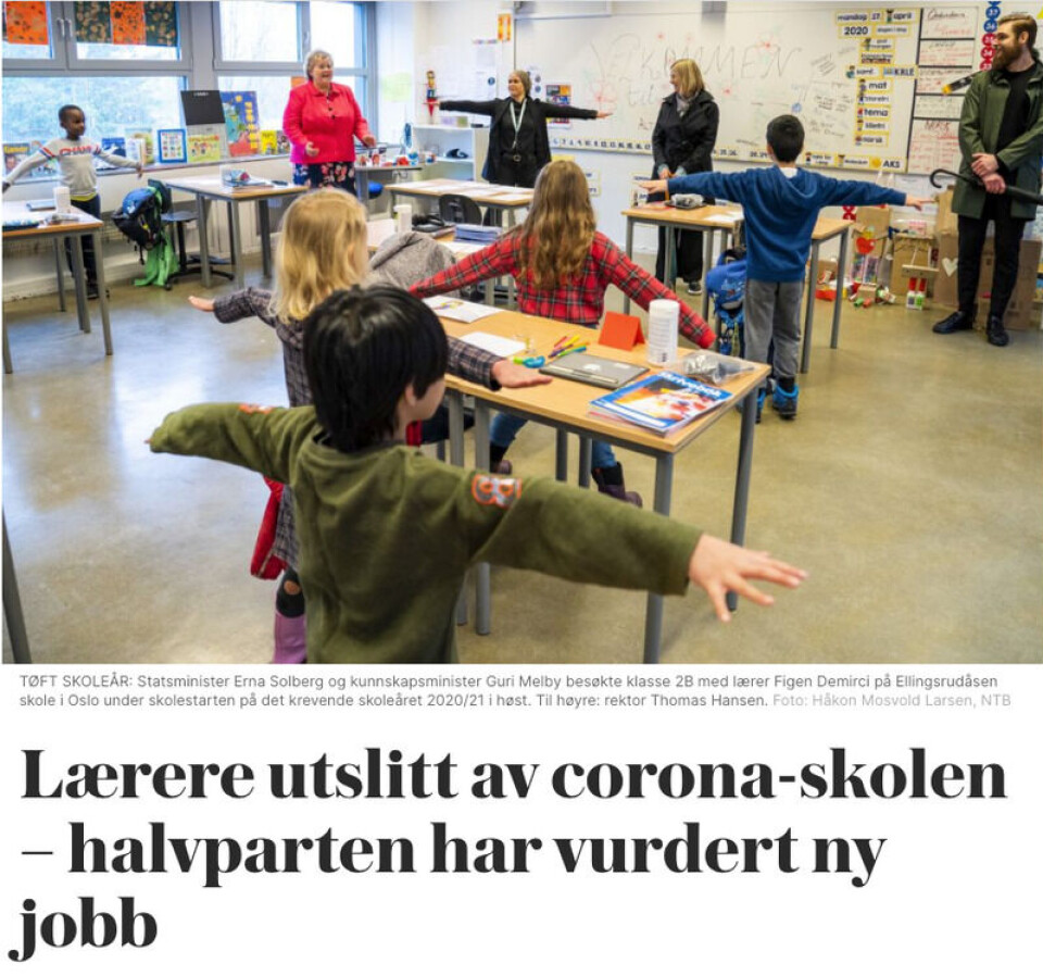 VG skrev om en undersøkelse Utdanningsforbundet hadde fått utført. Foto: Skjermbilde fra VG. VG skrev om en undersøkelse Utdanningsforbundet hadde fått utført.