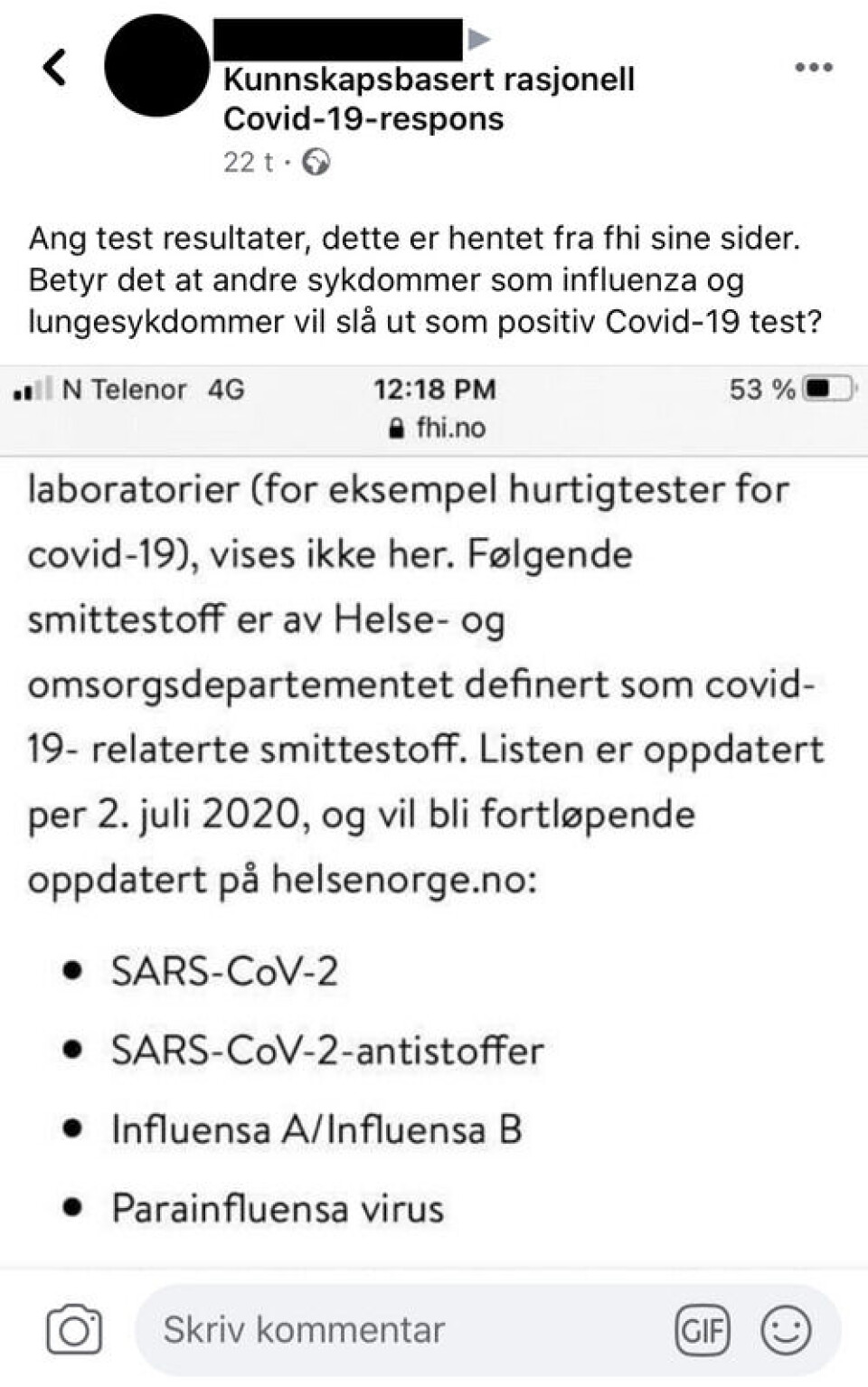 Noen brukere delte også skjermdumper fra FHIs nettsider med undring om hva som egentlig stemte. Da fikk de også hjelp fra andre på Facebook til å forstå budskapet på FHIs fagsider. (skjermdump fra Facebook) Noen brukere delte også skjermdumper fra FHIs nettsider med undring om hva som egentlig stemte. Da fikk de også hjelp fra andre på Facebook til å forstå budskapet på FHIs fagsider.