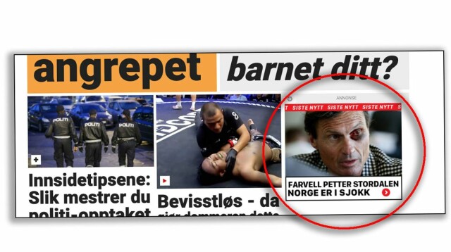 Svindlerne har kjøpt annonseplass på forsiden av Dagbladet.no, og bruker de samme visuelle virkemidlene som avisen for å lure leserne til å tro at de klikker seg inn i en Dagbladet-artikkel. Skjermdump: Dagbladet.no. Svindlerne har kjøpt annonseplass på forsiden av Dagbladet.no, og bruker de samme visuelle virkemidlene som avisen for å lure leserne til å tro at de klikker seg inn i en Dagbladet-artikkel.