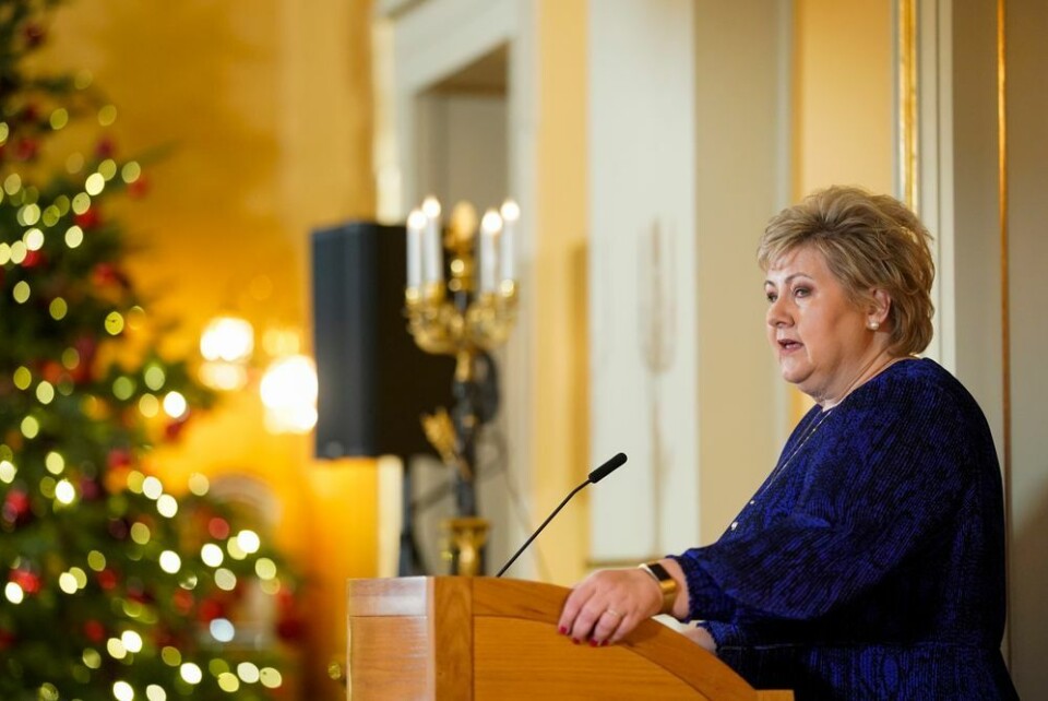 Statsminister Erna Solberg under den oppsummerende pressekonferansen 16. desember. Foto: Fredrik Hagen / NTB. Statsminister Erna Solberg under den oppsummerende pressekonferansen 16. desember.