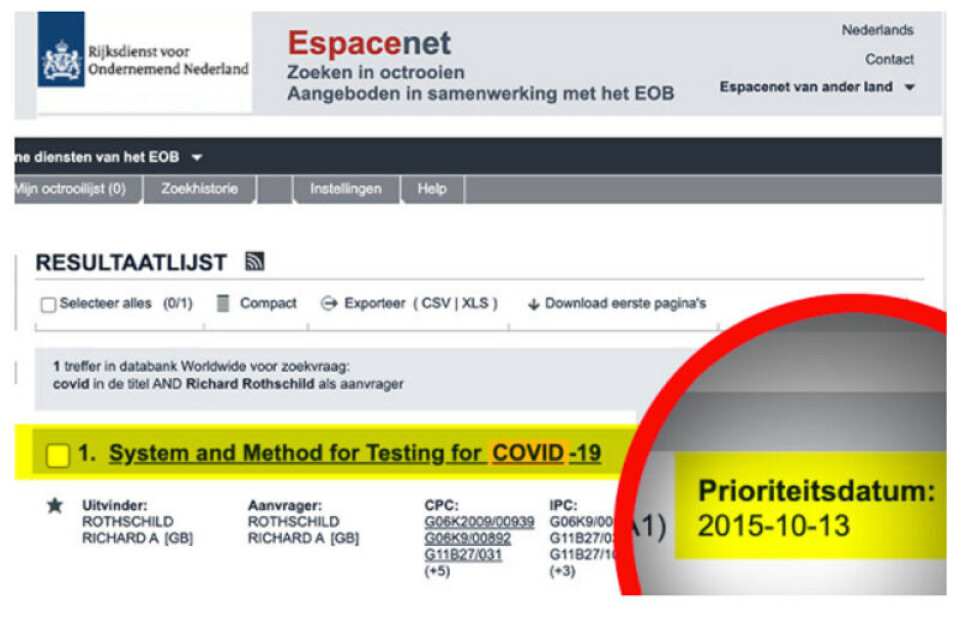Dette bildet av patent-databasen Espacenet har blitt delt som «bevis» for at en covid-19-test ble patentert i 2015. Skjermbilde fra Facebook. Dette bildet av patent-databasen Espacenet har blitt delt som «bevis» for at en covid-19-test ble patentert i 2015.