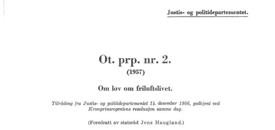 Friluftsloven ble vedtatt i 1957. Skjermbilde: Stortinget.no Friluftsloven ble vedtatt i 1957.