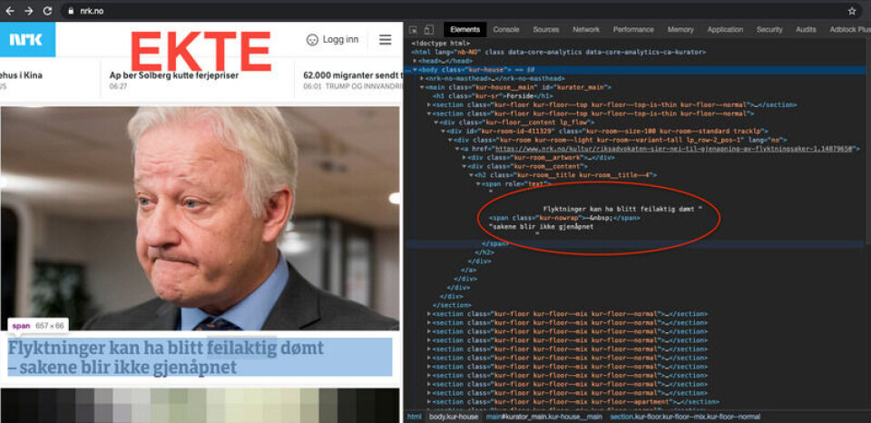 Bildet viser «inspisér»-funksjonen i Google Chrome. Skjermbilde: NRK.no i Google Chrome Bildet viser «inspisér»-funksjonen i Google Chrome.